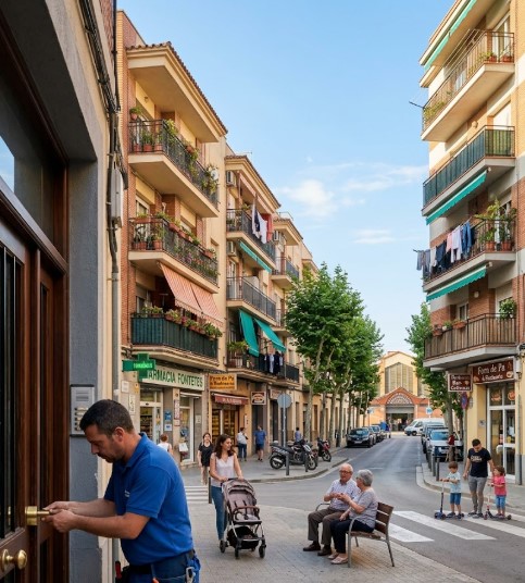Calles, viviendas residenciales y entorno del barrio de Fontetes y su mercado en Cerdanyola del Vallès